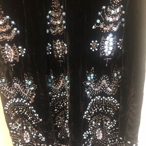 Vintage Carole Little rich Black Velvet long skirt. turquoise and sequins
